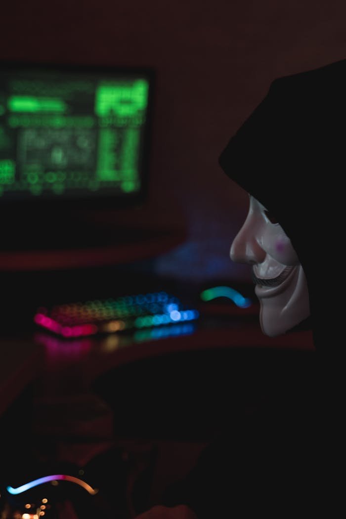 Mysterious figure in a mask and hoodie sitting at a computer, symbolizing cyber security threats.
