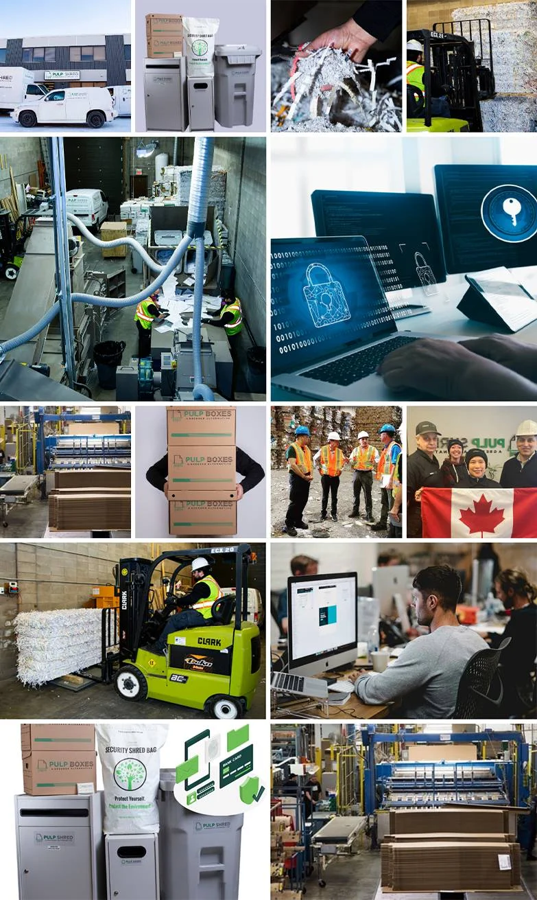 PULP Calgary operations — shredding, recycling, cybersecurity, packaging, team & facility photos