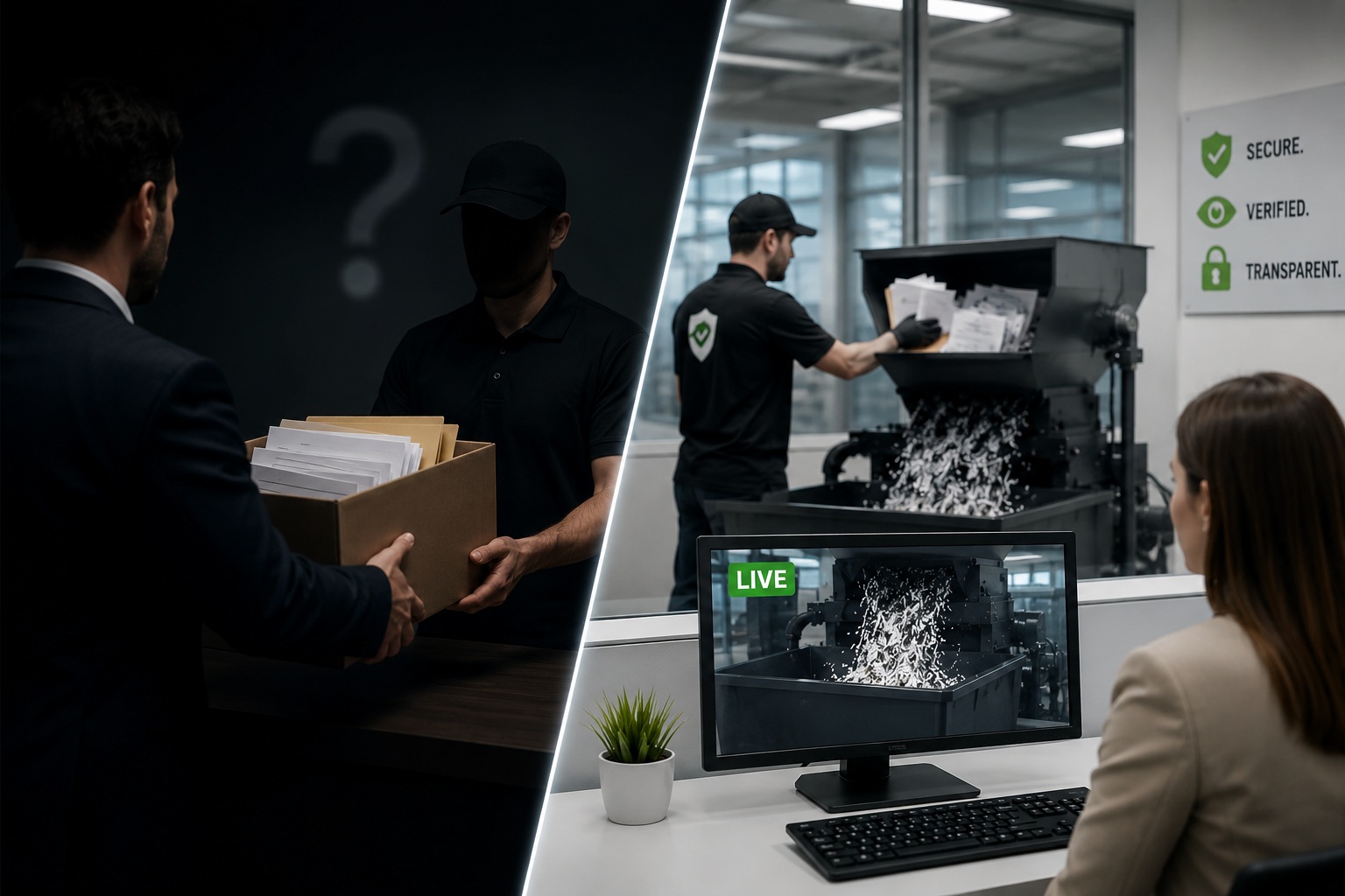 Comparison of an unverified document handoff versus secure on-site shredding monitored by live video verification.
