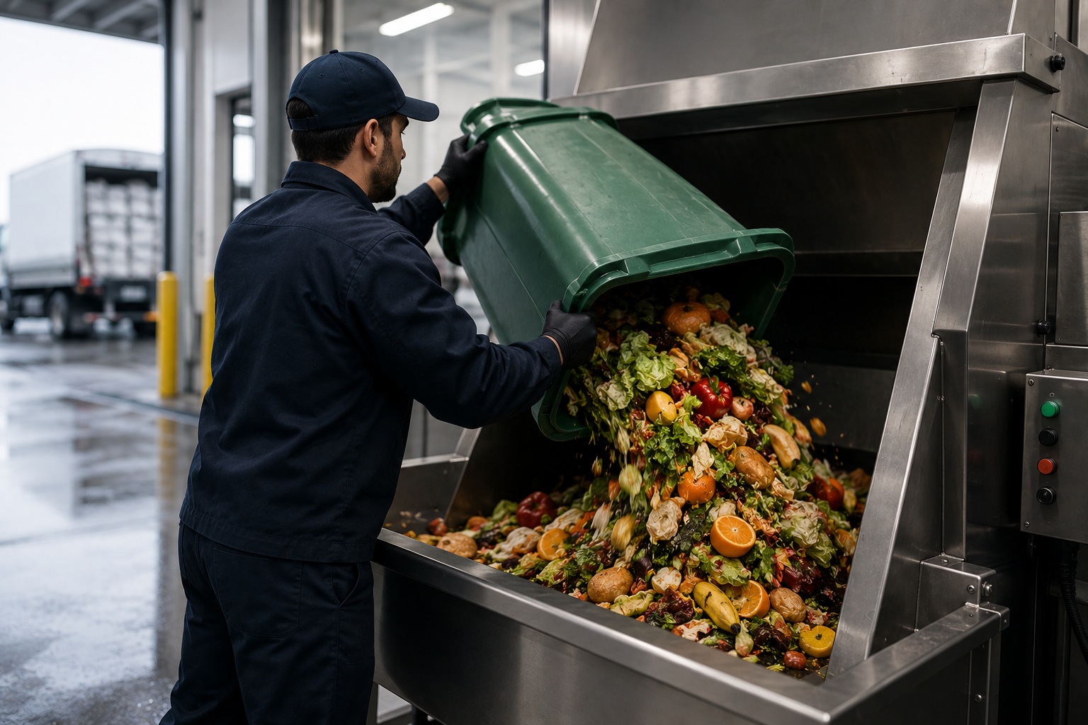 Worker loading commercial food waste into an industrial pulping machine at a Canadian processing facility.