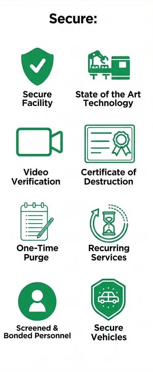 Infographic of Pulp Shred's secure features like video verification and certificates of destruction.