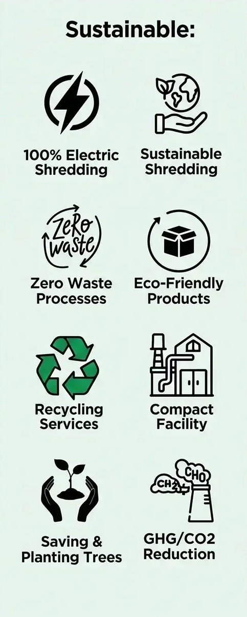 Icons showing Pulp Shred eco-friendly services, including recycling and CO2 reduction.